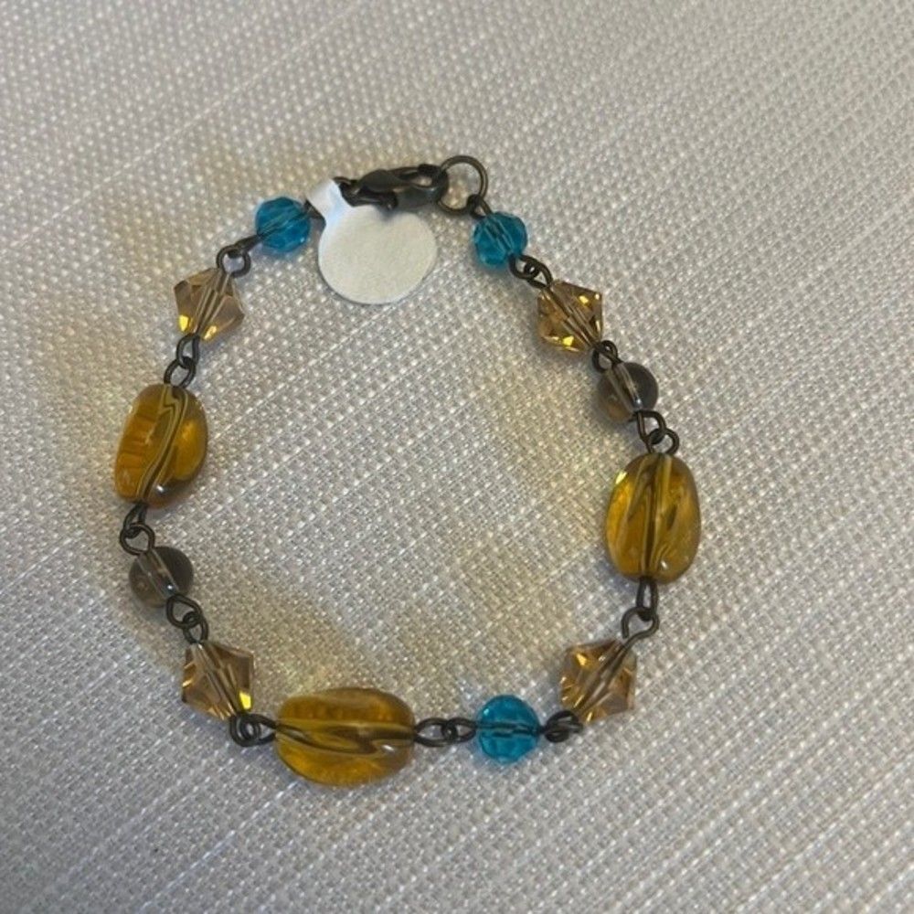 Handcrafted antique gold tone amber and turquoise bead bracelet